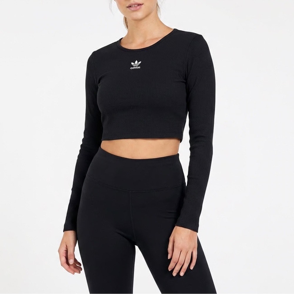 Adidas Originals Womens ESS Crop LS Black Ribbed Long Sleeve Shirt Size S